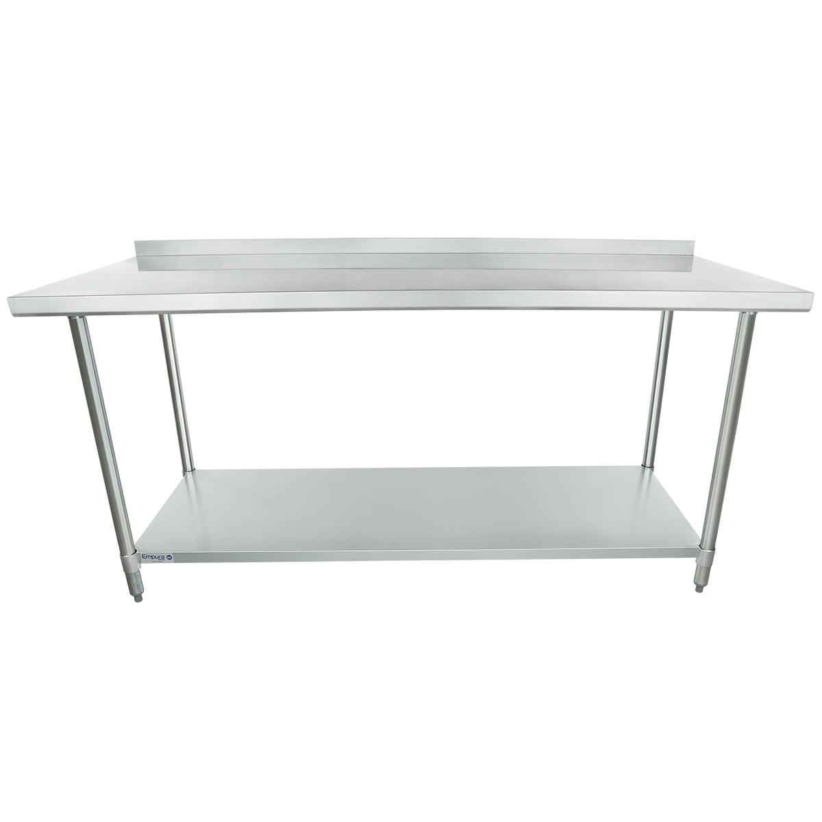 A stainless steel work table with NSF certification features a flat top, rear backsplash, four cylindrical legs, and a lower shelf for storage. Its minimal design suits commercial kitchens or industrial settings. The background is plain white.