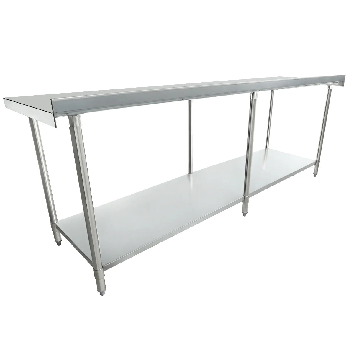 A long, rectangular 96 inch stainless steel work table with four legs, a smooth top surface, and a lower shelf for extra storage. The simple, industrial design is ideal for kitchens or workshops. Set against a plain white background.