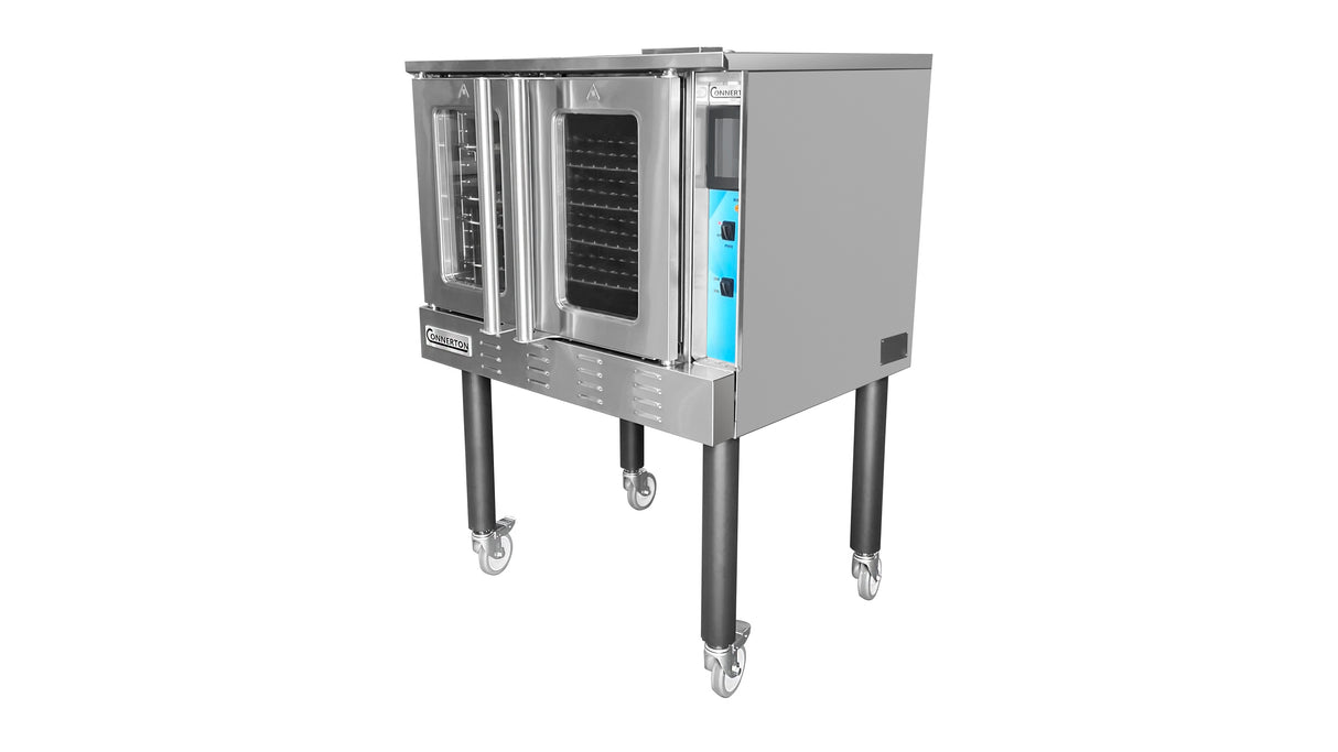 A commercial ENERGY STAR stainless steel convection oven on tall legs with wheels, featuring two glass-fronted doors, a right-side control panel, and multiple rack positions inside. The look is sleek and industrial.