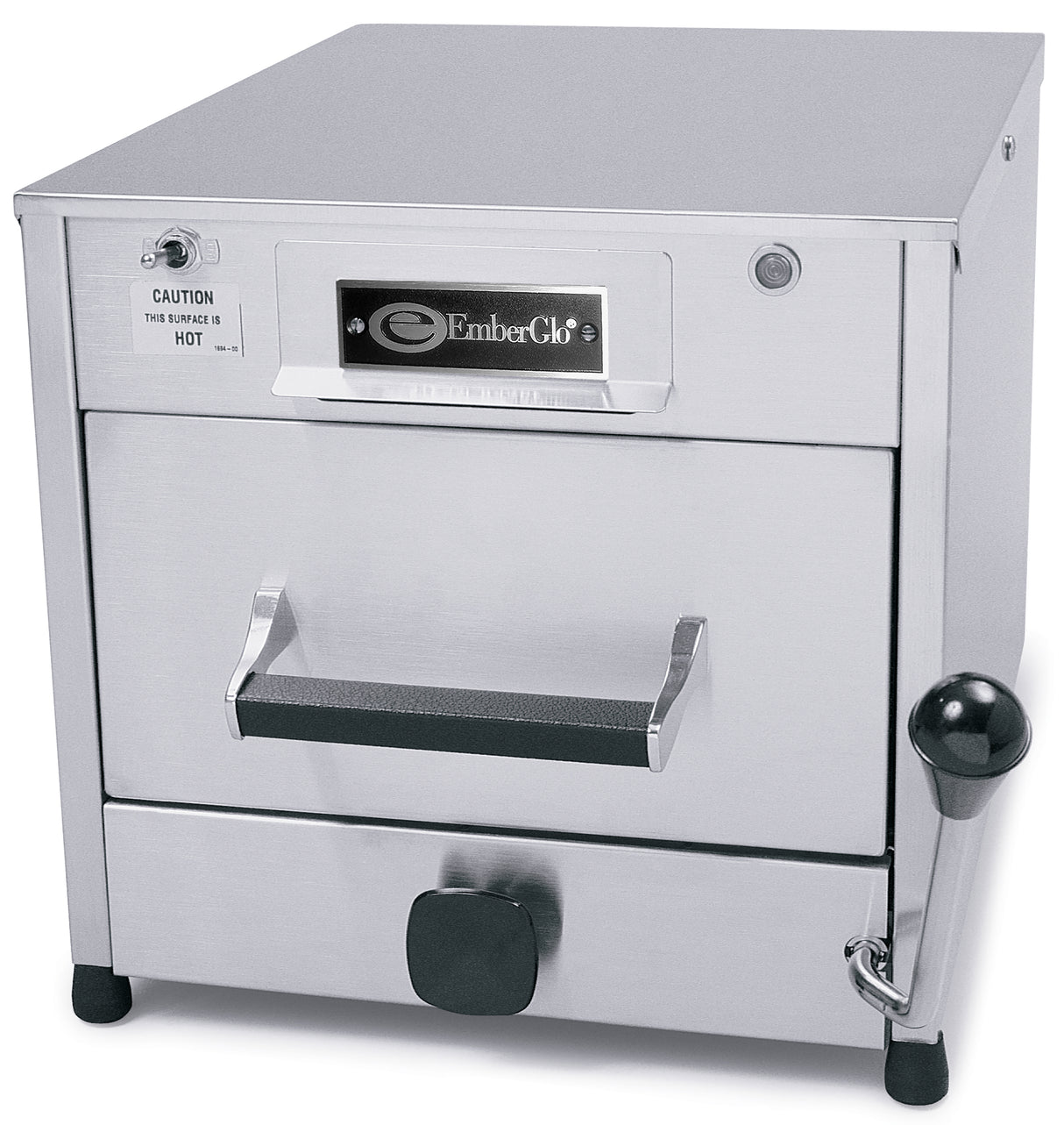 A stainless steel electric countertop steamer by EmberGlo with a front-facing door handle, control knob, caution label, and side lever. This box-shaped Top Injecting Steamer boasts a smooth metallic finish and industrial design for professional kitchens.