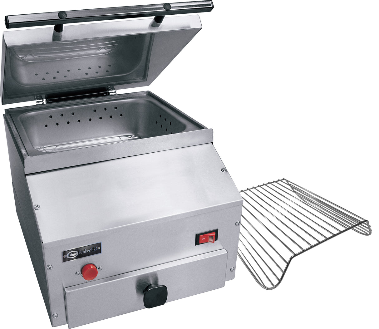 A stainless steel countertop steamer with its lid open reveals a perforated tray inside. The control panel features a power switch and black knob. A metal rack sits beside the stainless steel steamer, outside the main unit.