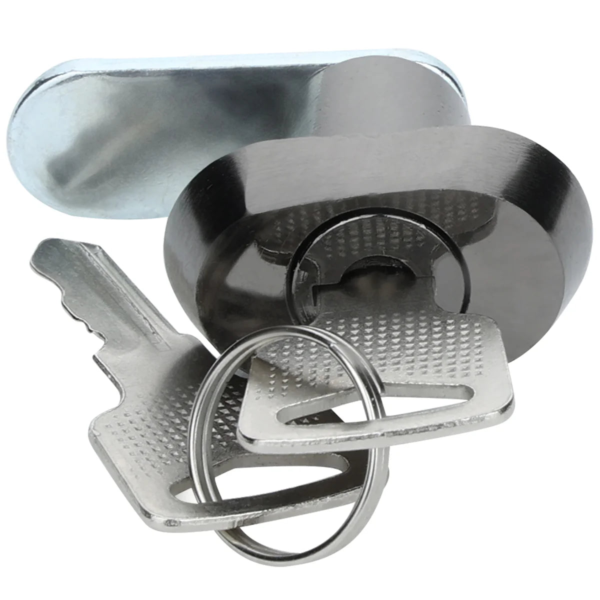 A close-up of an Empura Parts silver cam lock cylinder for Door Lock & Key applications, featuring a flat rectangular rotating latch and two keys on a keyring, all set against a plain white background.