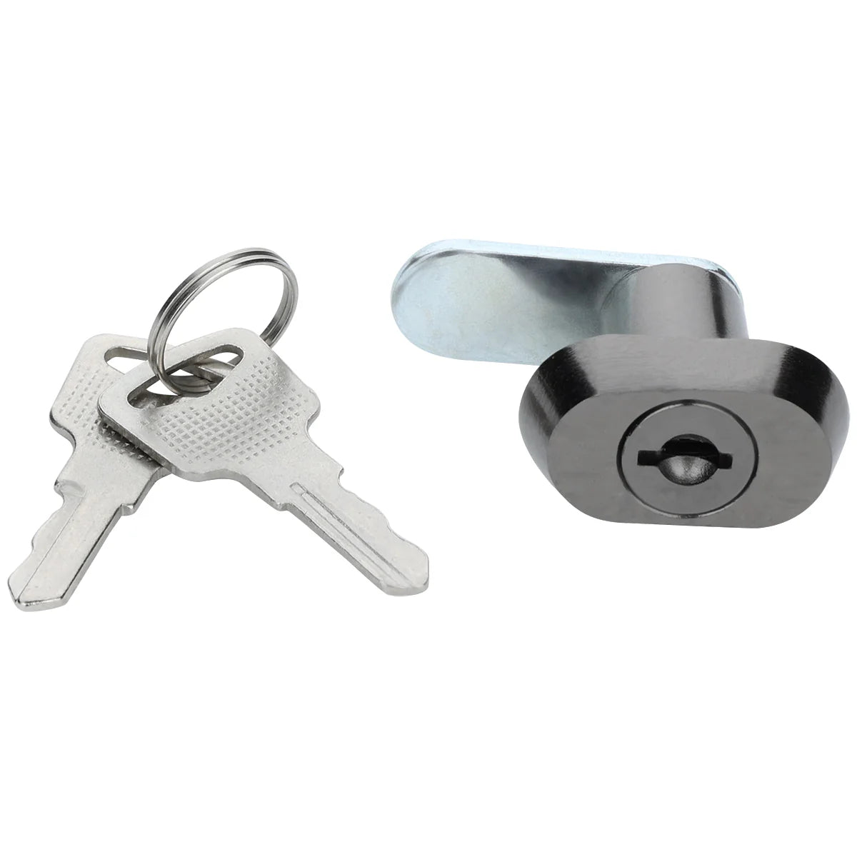 A metal cam lock with a black, oval-shaped face is shown next to two silver keys on a keyring. This Empura Parts door lock & key set features a flat, extended arm and textured keys, all displayed on a white background.