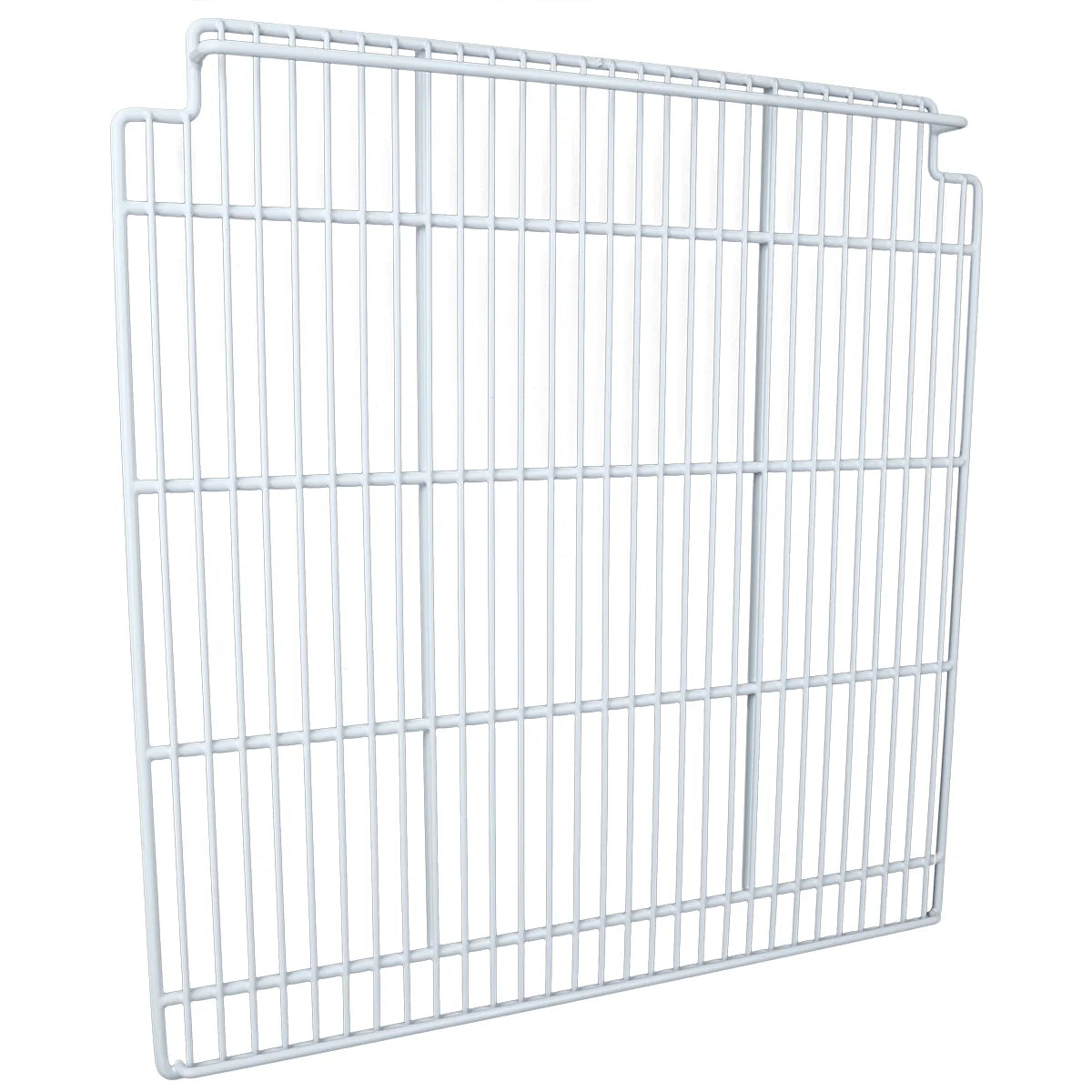 A white, rectangular metal wire shelf or rack from Empura Parts with evenly spaced bars, designed to hold items. The top corners have short, upward extensions, suggesting this Right Shelf for Empura Refrigeration can be attached or hung in place.