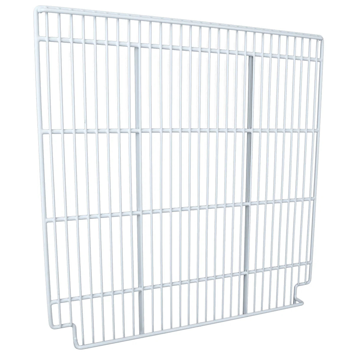A white, rectangular metal wire guard from Empura Parts with vertical and horizontal bars, featuring an open rectangular space in the middle and two small bent feet at the bottom for standing or mounting. Ideal for Empura Refrigeration Right Shelf use.