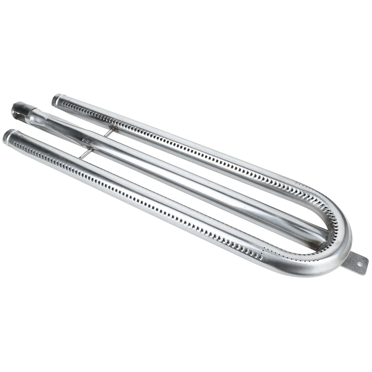 A silver, U-shaped metal burner tube with perforations along the sides, commonly used in gas grills and Empura Equipment. This oven burner has two parallel tubes connected at one end, with a mounting bracket and small holes for gas flow and flame distribution.