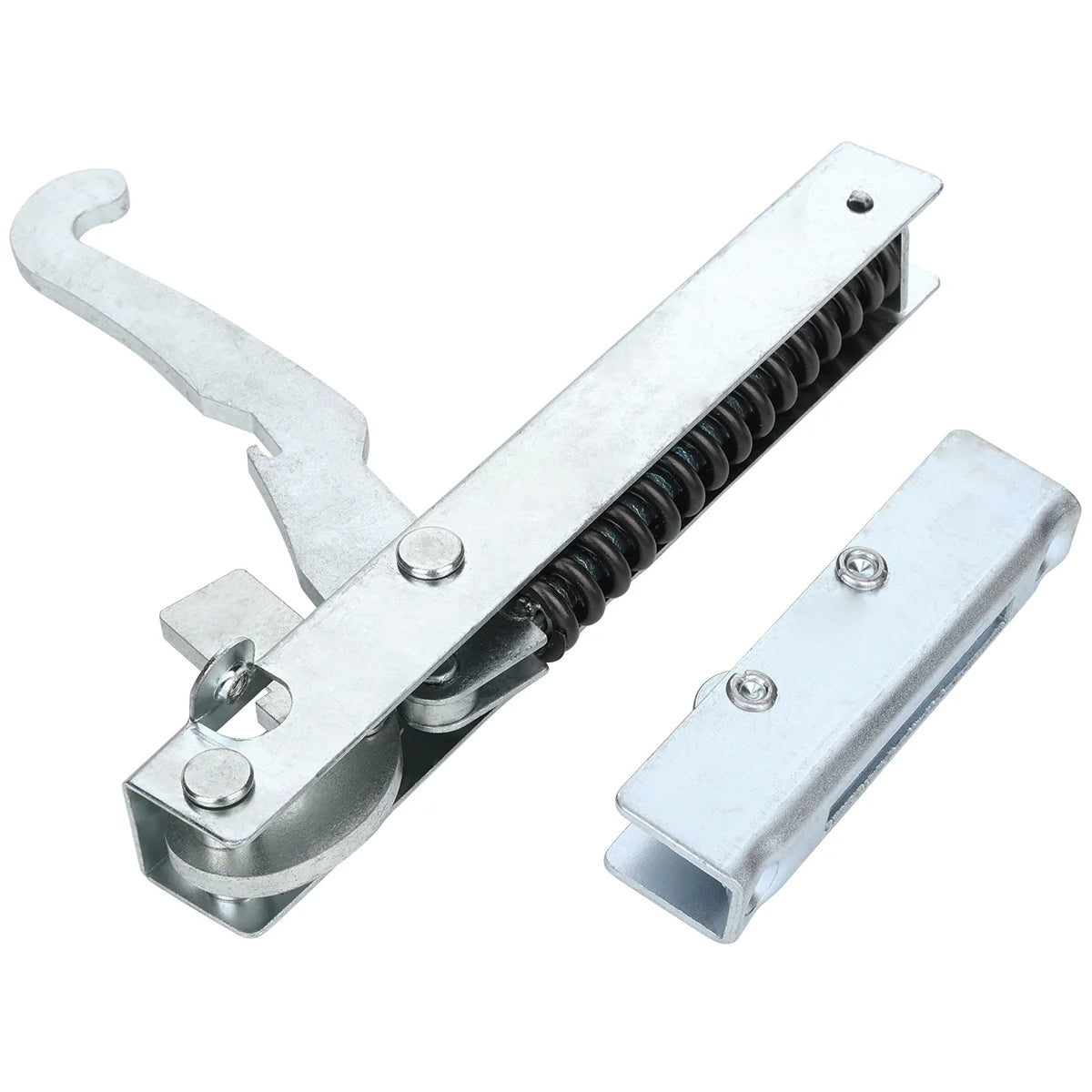 A close-up image of an Empura Parts metal toggle latch with a spring mechanism and hook. Beside it is a matching rectangular catch plate with two screws. Both parts, likely steel, are shown on a plain white background—compatible with Empura Equipment.