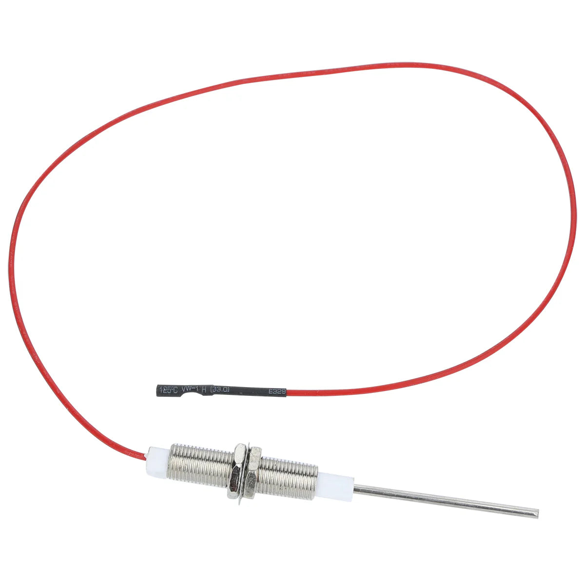 A metal probe-style flame sensor with a red insulated wire attached. The cylindrical metal sensor features two nuts, white plastic ends, and a long thin rod extending from one side. The Empura Parts ECO-613 wire is coiled loosely beside the sensor.