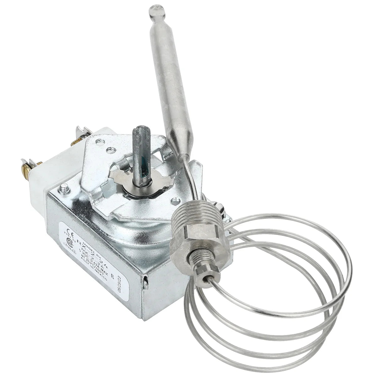 A metallic Empura thermostat controller, such as the EGF-70/80, features a rotary dial, coiled temperature-sensing probe, capillary tube, rectangular housing, exposed screws, and electrical terminals on one side.
