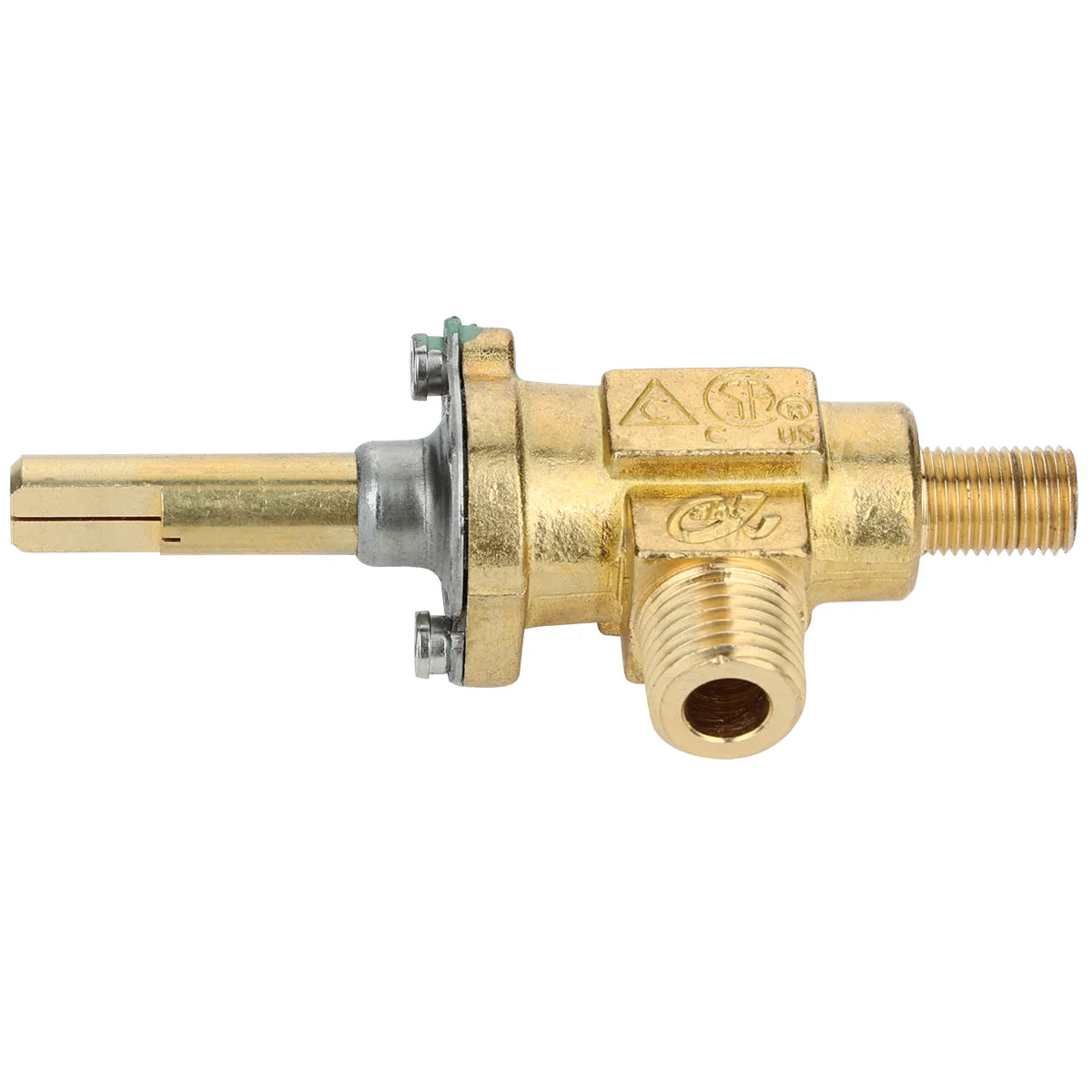 A brass shower valve cartridge with a threaded inlet and outlet, a flat metal shaft for turning, and mounting screws. Similar to a gas control valve in Empura Equipment, it features engraved markings and is used for controlling water flow in plumbing fixtures.
