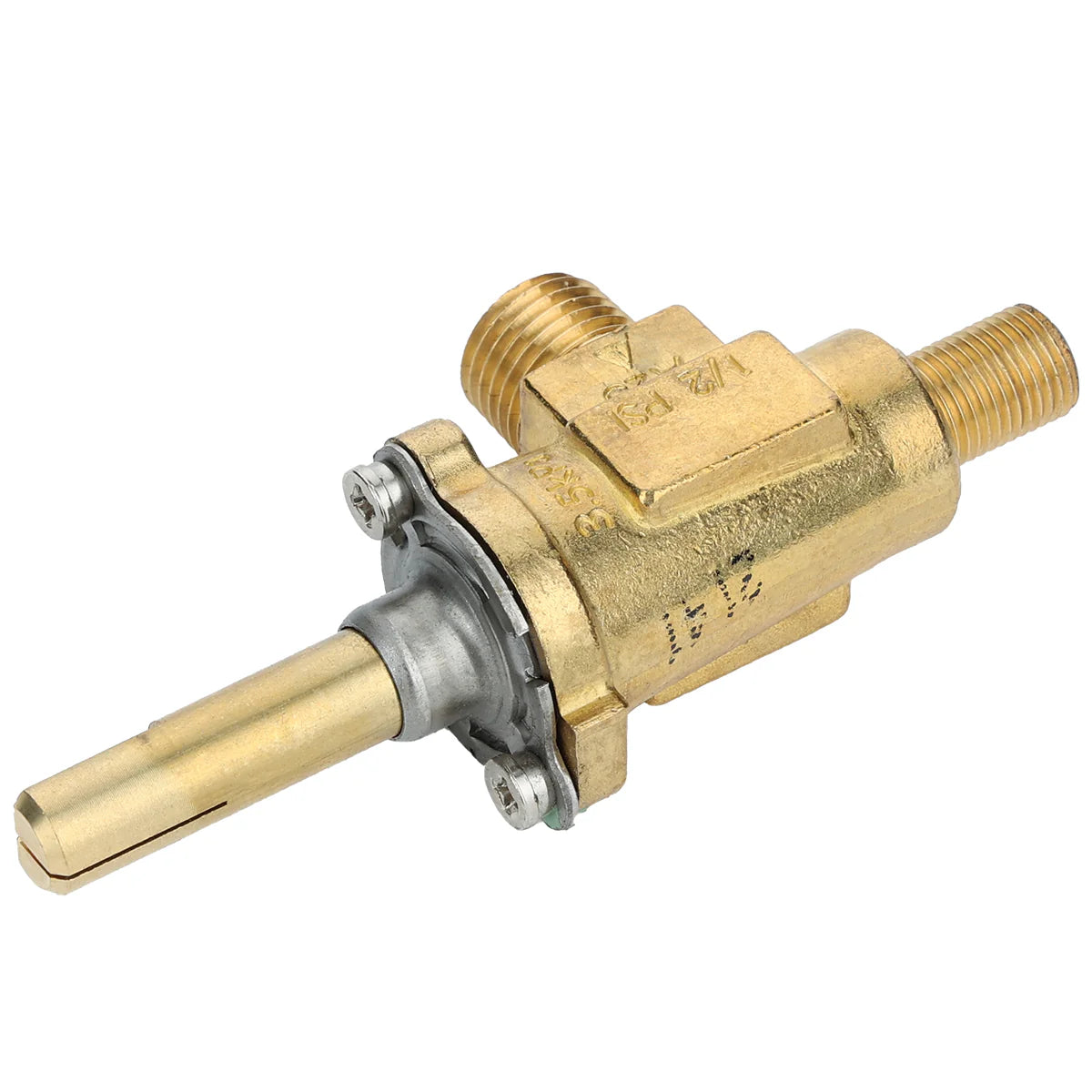 A brass shower valve cartridge with threaded ends, a cylindrical stem, and mounting plate with two screws. Similar to a gas control valve in Empura Equipment, it fits plumbing systems for precise control of water flow and temperature.