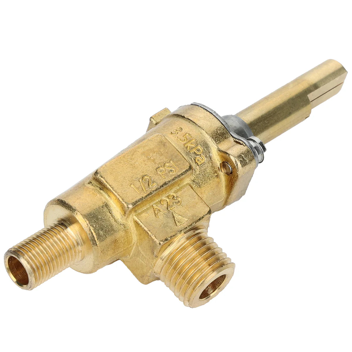 A brass A23 Gas control valve with three threaded ports and a long, hexagonal control shaft for Stock Pot Range. The body is marked with specs like 2.5KPa and 1/2. Shown on a white background, it fits Empura Equipment perfectly.