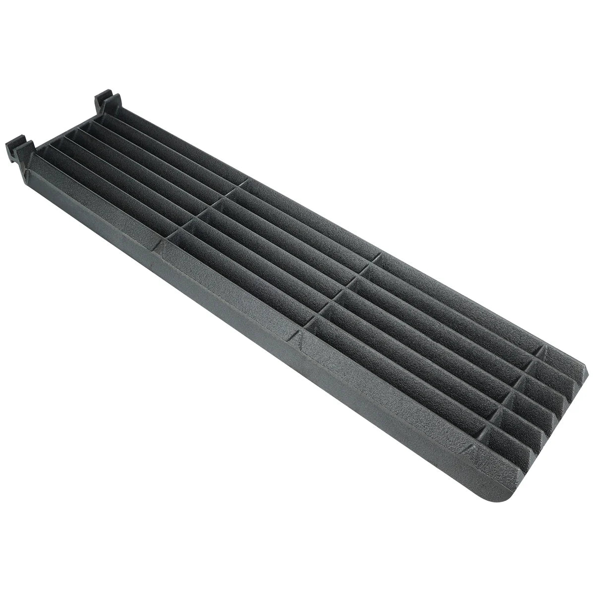 A rectangular, black plastic vent grille with parallel horizontal slats and two small clips on one short end, ideal for airflow or ventilation in Empura Parts or charbroilers. It features a slightly textured finish and is displayed on a white background.
