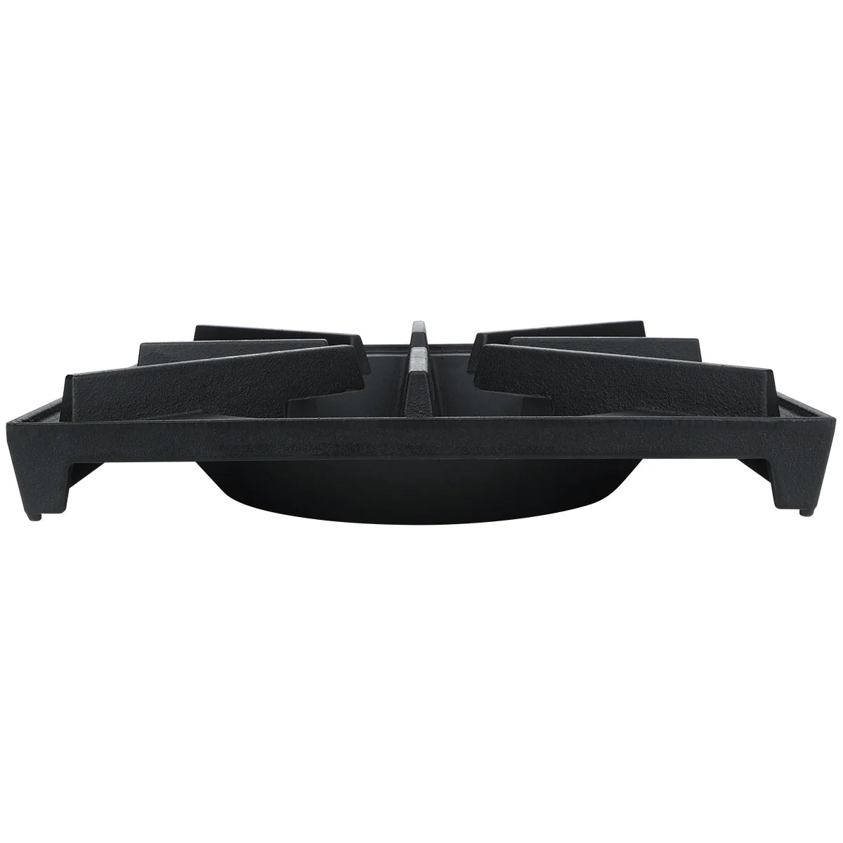A black cast iron EHP Standard Duty Series cooking grate is shown from a low, straight-on angle. The grate features four wide, sturdy prongs and slightly angled legs, with a round base underneath, designed for gas stove burner support.