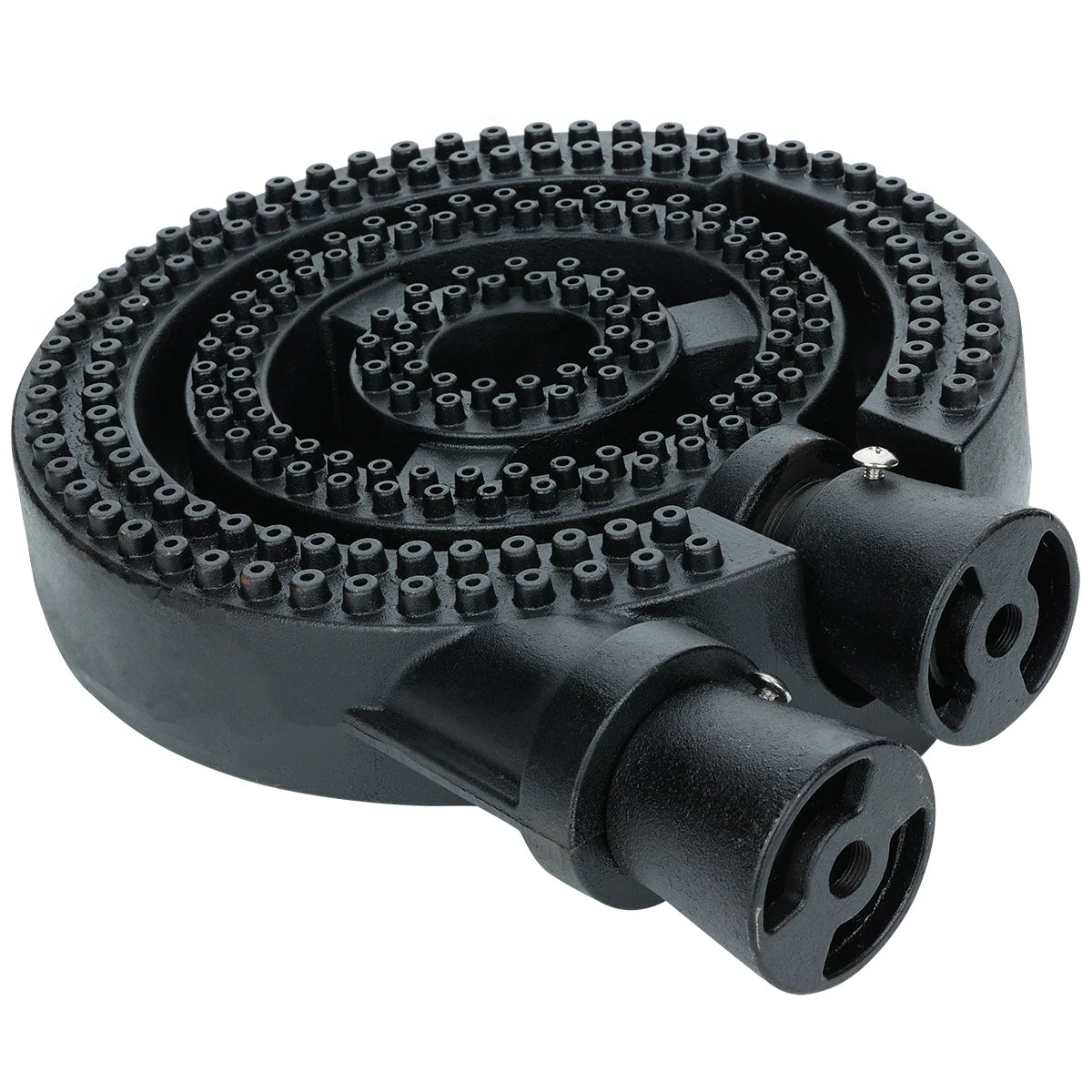A black cast iron spiral gas burner assembly with two round gas inlets at the front and multiple small holes for flame distribution. This thick, sturdy Empura replacement part is ideal for a stock pot range, featuring a durable coiled design.