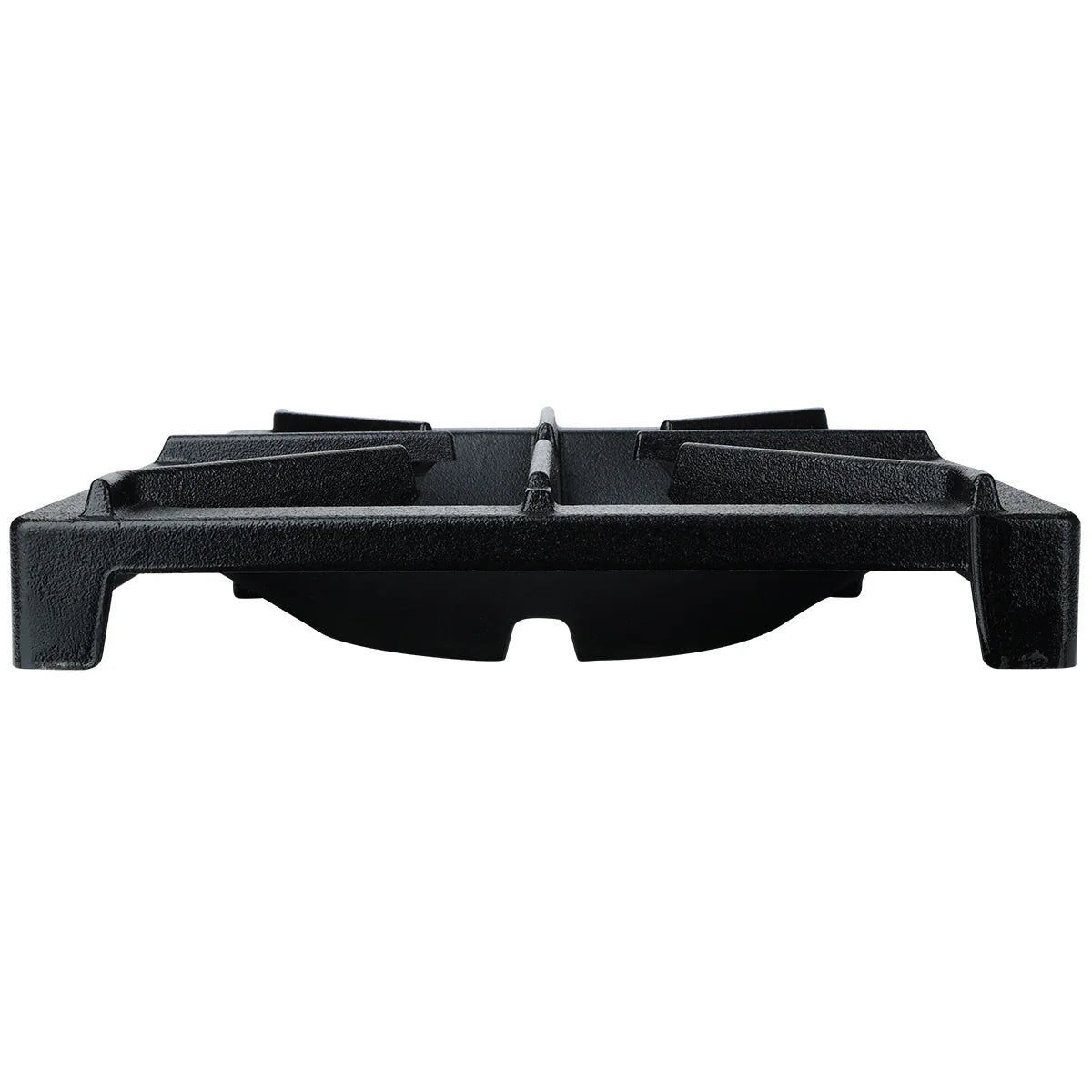 A black cast iron burner grate from Empura Equipment, viewed from the front. The heavy duty grate features four raised arms forming an X-shape and sturdy legs at each corner, with a slightly elevated center to support pots and pans over a gas burner.