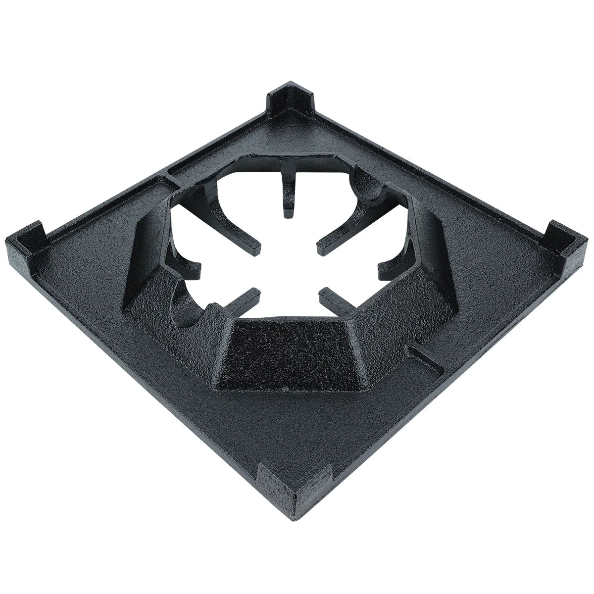 A black, square-shaped Empura Parts cast iron burner grate with raised edges and an open circular center, featuring four prongs to support cookware. The textured surface and slightly elevated corners fit perfectly with Empura Equipment.