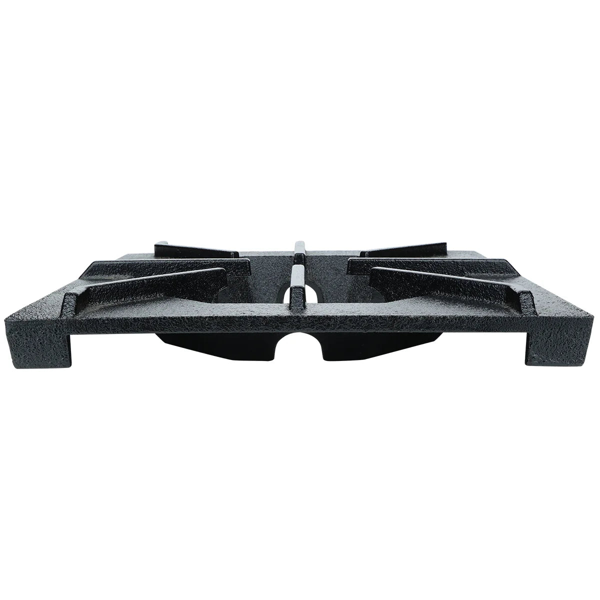 A black, cast iron Empura Parts burner grate viewed from the front. The rectangular grate has four raised arms for supporting cookware and an open center section above a circular burner area. The surface is textured and slightly glossy.