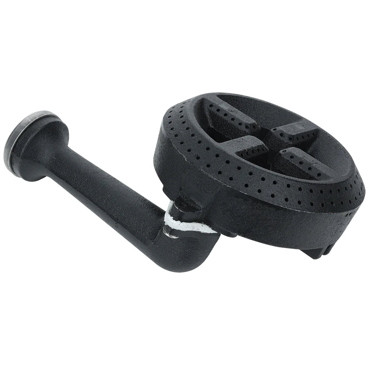 A black cast iron front burner assembly for Empura Equipment, featuring a round, perforated top with a cross-shaped divider and an angled arm ending in a metal fitting. Multiple small holes around the edge ensure even gas dispersion.