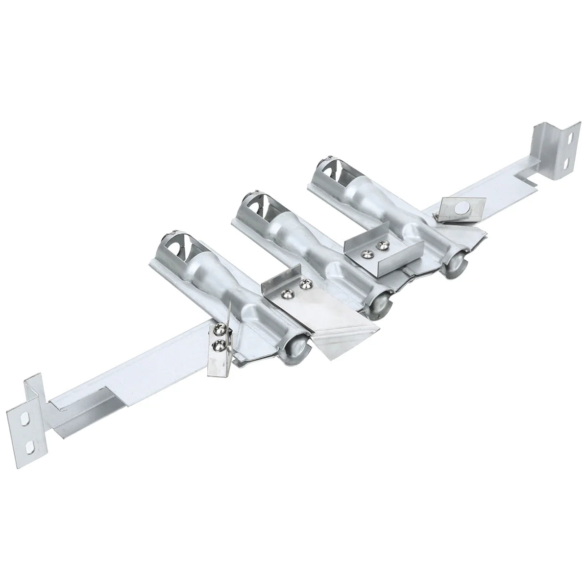 A silver metal Empura Parts furnace burner assembly with three tube-shaped burners, each featuring mounting brackets and adjustment levers, attached to a flat metal base. The assembly has flange brackets with screw holes on both ends for mounting.