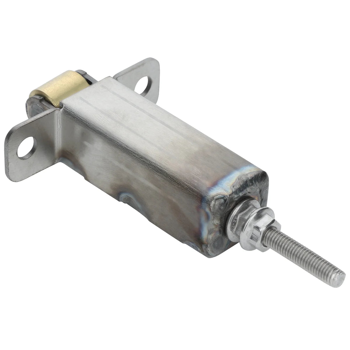 A shiny, rectangular metal solenoid from Empura Equipment with mounting brackets on each side and a threaded rod extending from one end. The welding seams and hardware are visible, and the device has a brushed metallic finish.