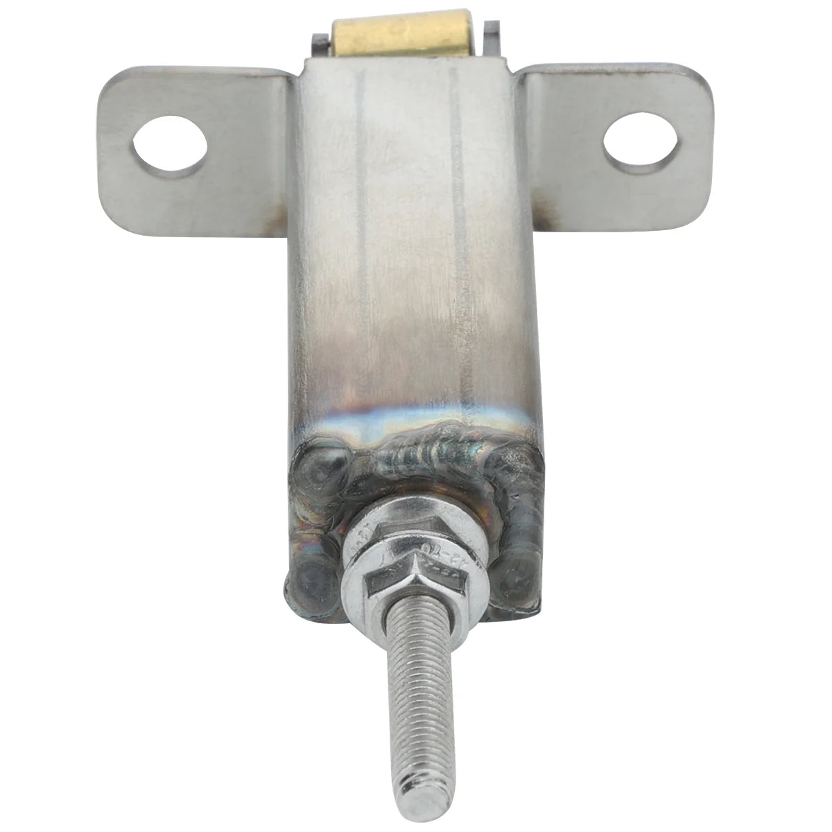 A close-up of an Empura Equipment metal solenoid actuator with a threaded rod protruding from the bottom, secured by a nut. The rectangular body features two mounting holes on top flanges, and weld marks are visible near the base of the rod.