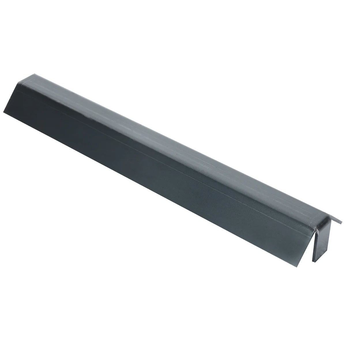 A dark gray, metal, L-shaped channel with a right-angled bend and a small lip on one end, shown against a white background. This smooth construction piece resembles trim or corner guard often used in Empura Equipment or charbroilers.