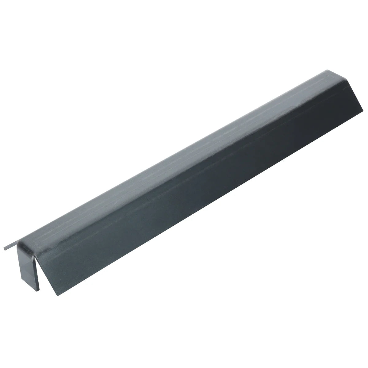 A long, dark gray, metal corner trim piece with a right-angle bend and a small flange on one side, designed for protecting or finishing the edge of a roofing panel or similar surface. Its smooth, slightly reflective finish is reminiscent of Empura Equipment.