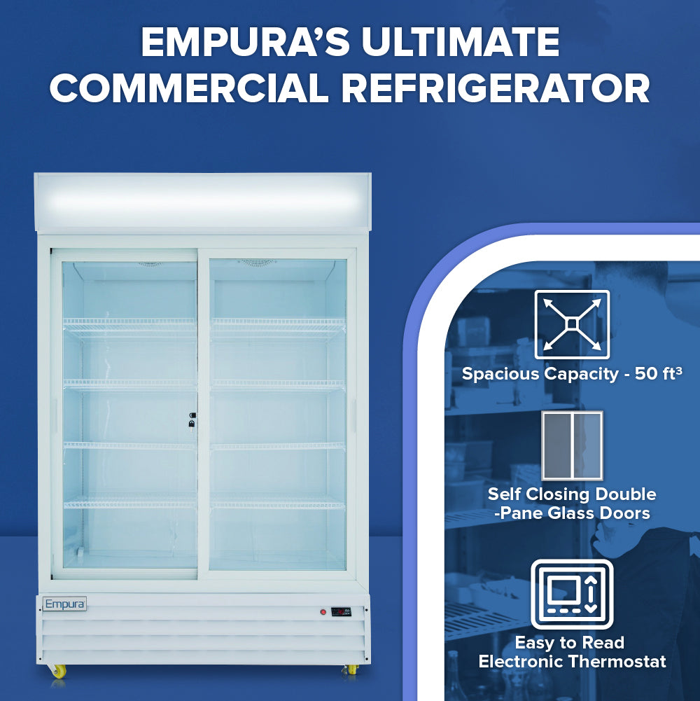 A white commercial refrigerated merchandiser with glass double doors is shown. Text highlights its spacious 50 ft³ capacity, ideal for perishable goods storage, plus self-closing doors and an easy-to-read thermostat. Blue background with white text and icons accents the features.