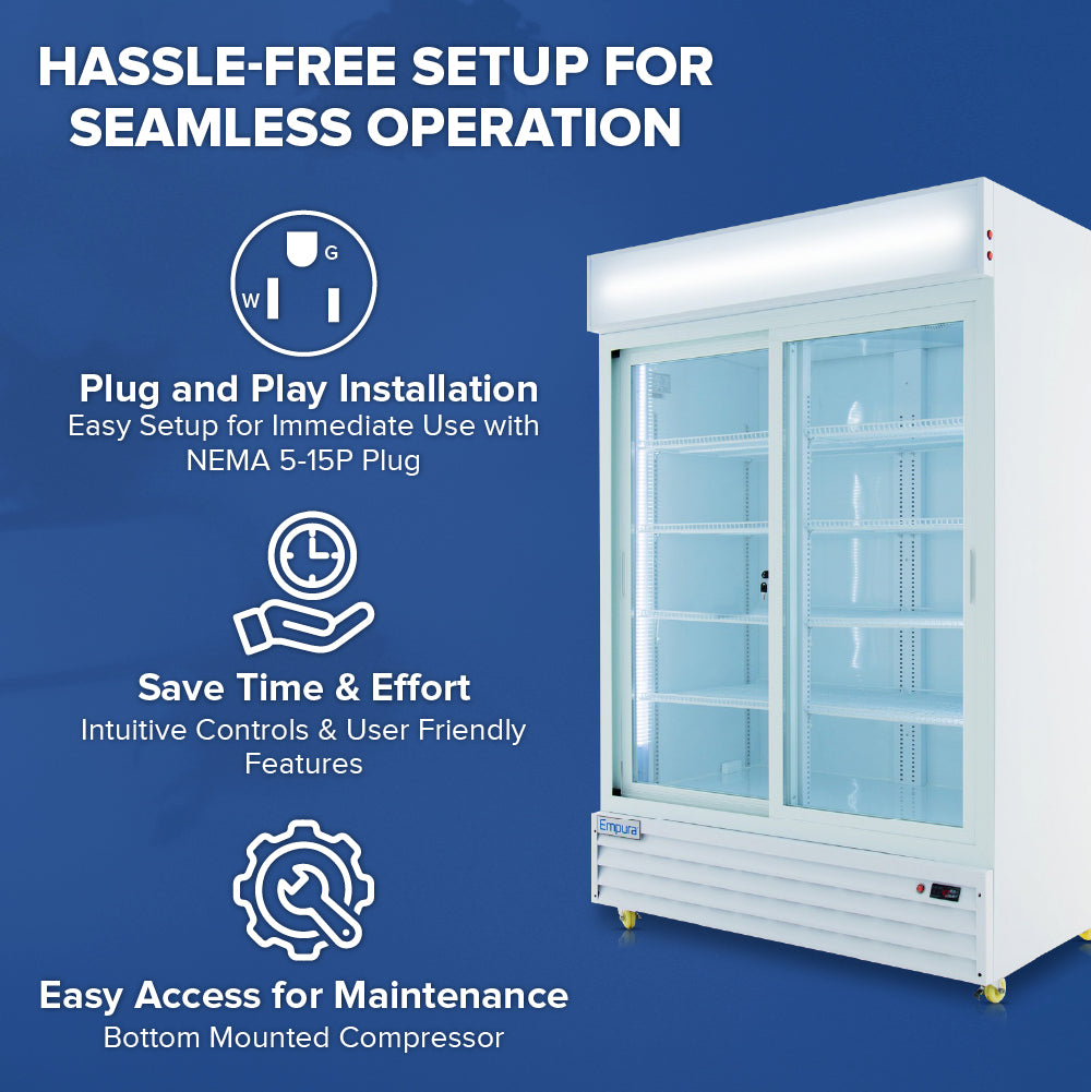 Image showing a retail display refrigerator with glass doors on the right. The left side highlights features ideal for perishable goods storage: plug and play installation, time-saving operation, and easy maintenance, all on a blue background with icons.
