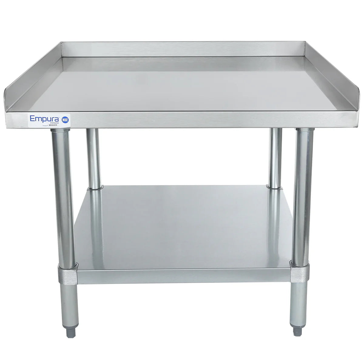 A stainless steel work table with an Empura logo, NSF-certified for safety, features raised edges on three sides, four cylindrical legs, a stainless steel top shelf, and a lower shelf for extra storage. Clean, sturdy equipment stand designed for industrial or kitchen use.