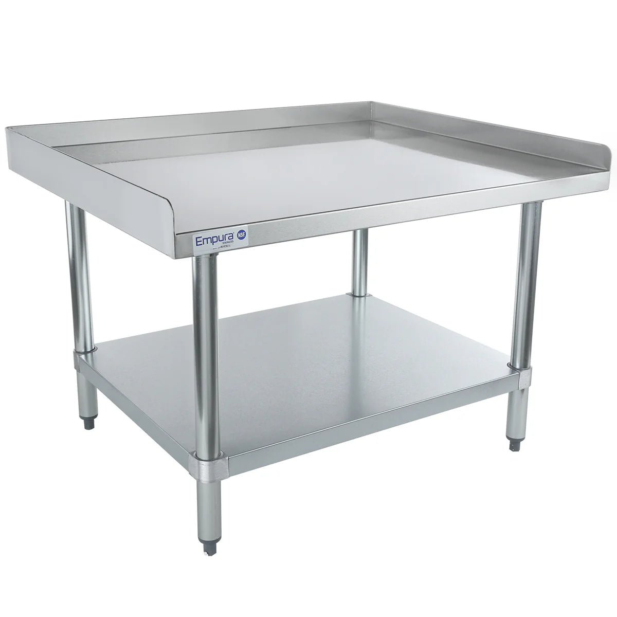 A stainless steel work table with an NSF stainless steel top shelf, sturdy round legs, and an undershelf for extra storage. Clean and metallic, this Empura equipment stand features adjustable feet and raised edges on three sides.
