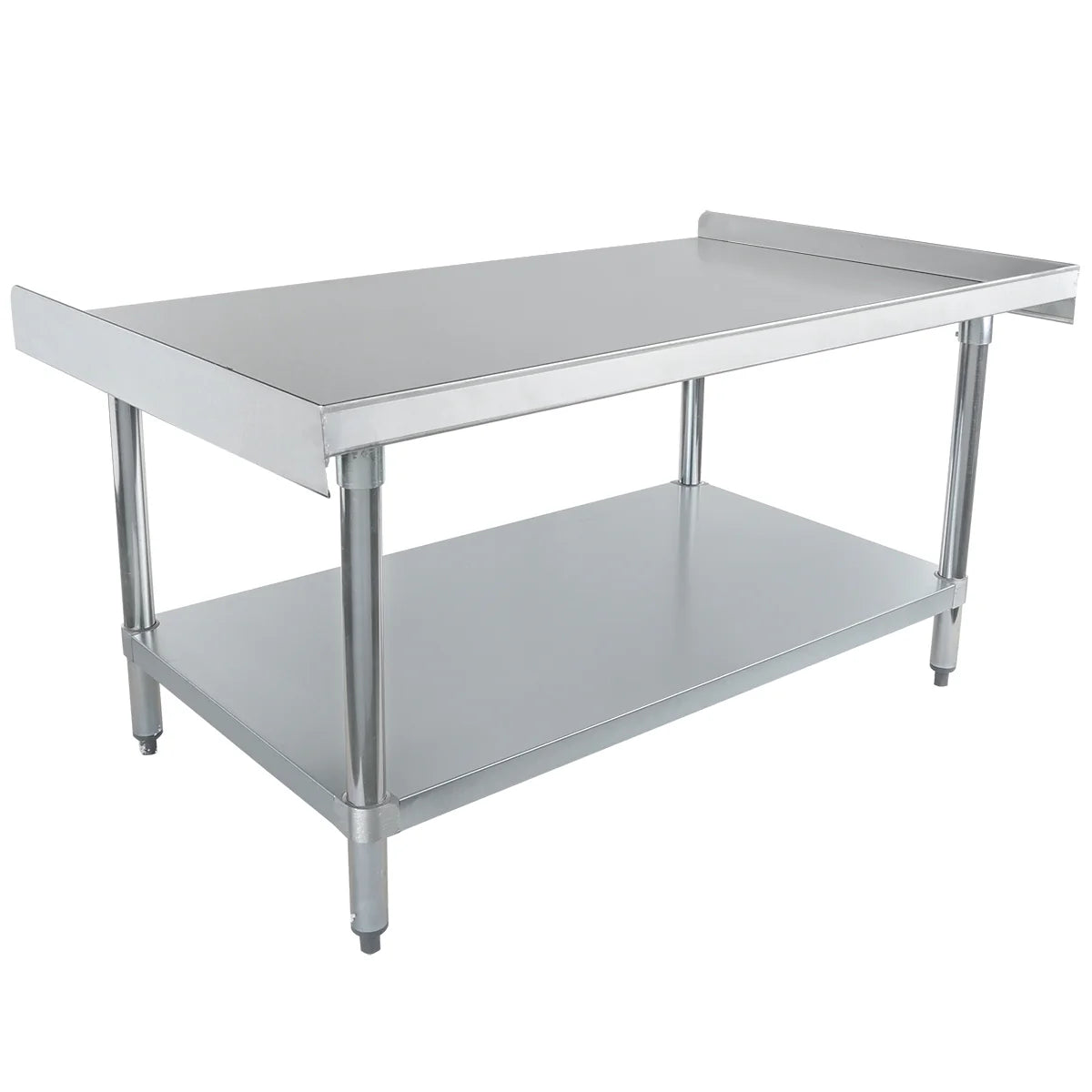 A stainless steel NSF commercial kitchen work table with a flat top, raised edge on three sides, sturdy cylindrical legs, and a lower shelf for storage. This equipment stand features an industrial, modern look against a plain white background.