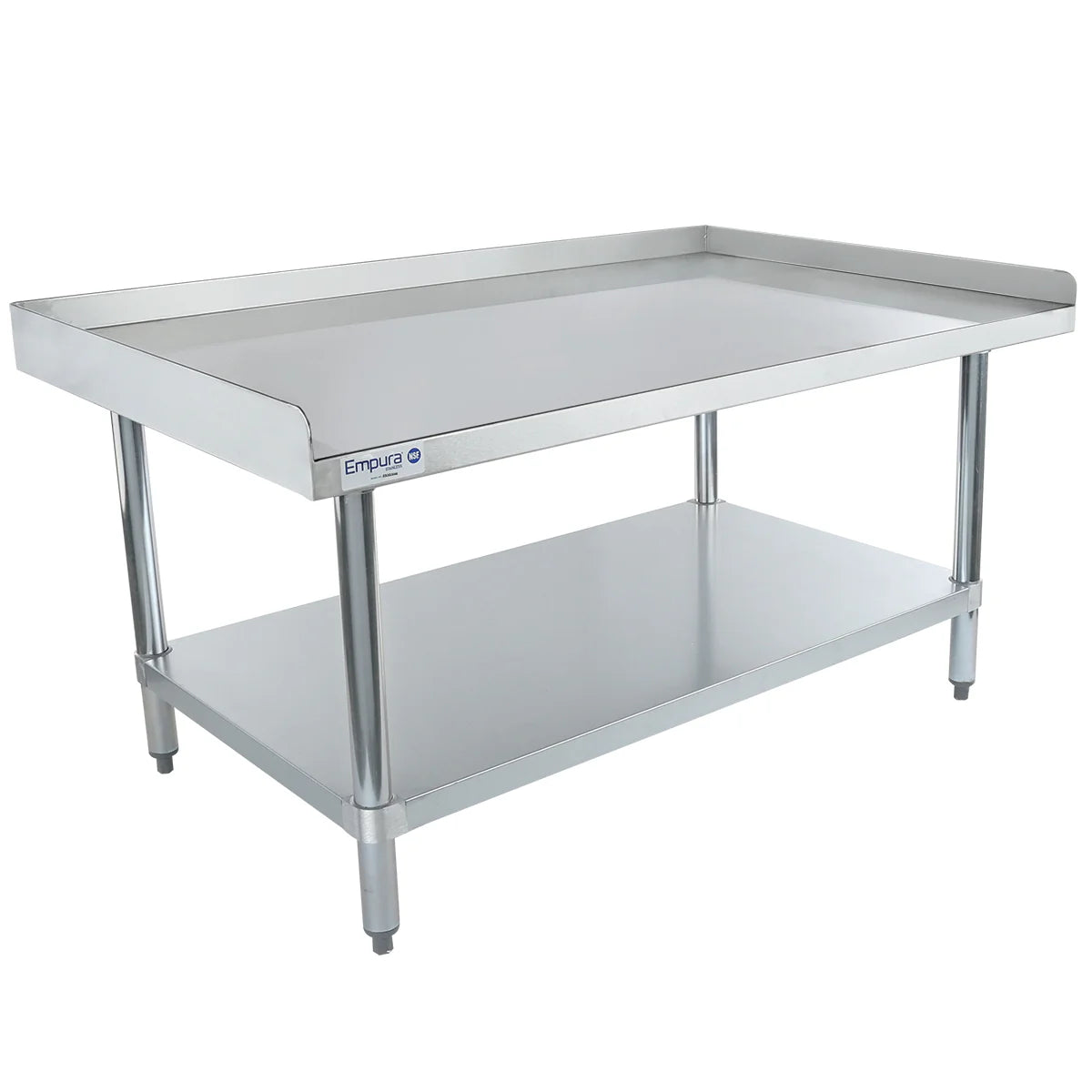 A stainless steel work table with a raised edge on three sides, an open lower shelf, and sturdy cylindrical legs. This NSF-listed Empura equipment stand is ideal for commercial kitchens or food preparation areas.
