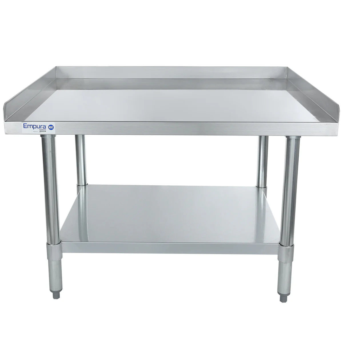 A stainless steel NSF work table with raised edges on three sides, an open lower shelf, and four sturdy legs. The table is labeled Empura on the left front corner and is designed as a durable equipment stand for industrial or kitchen use.