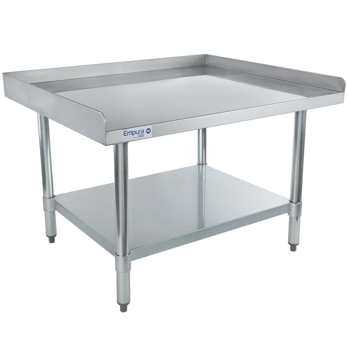 A stainless steel equipment stand with an upper surface featuring three raised edges, four cylindrical legs, an Empura brand logo on the front, and a lower storage shelf. NSF certified for safe kitchen or industrial use.