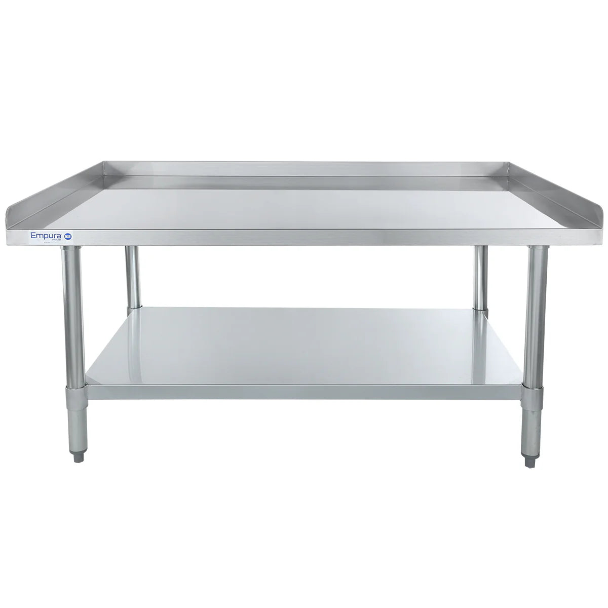 An economy duty stainless steel work table with four legs, a lower storage shelf, and raised edges on three sides. The flat, clean surface makes this equipment stand ideal for kitchens or laboratories.