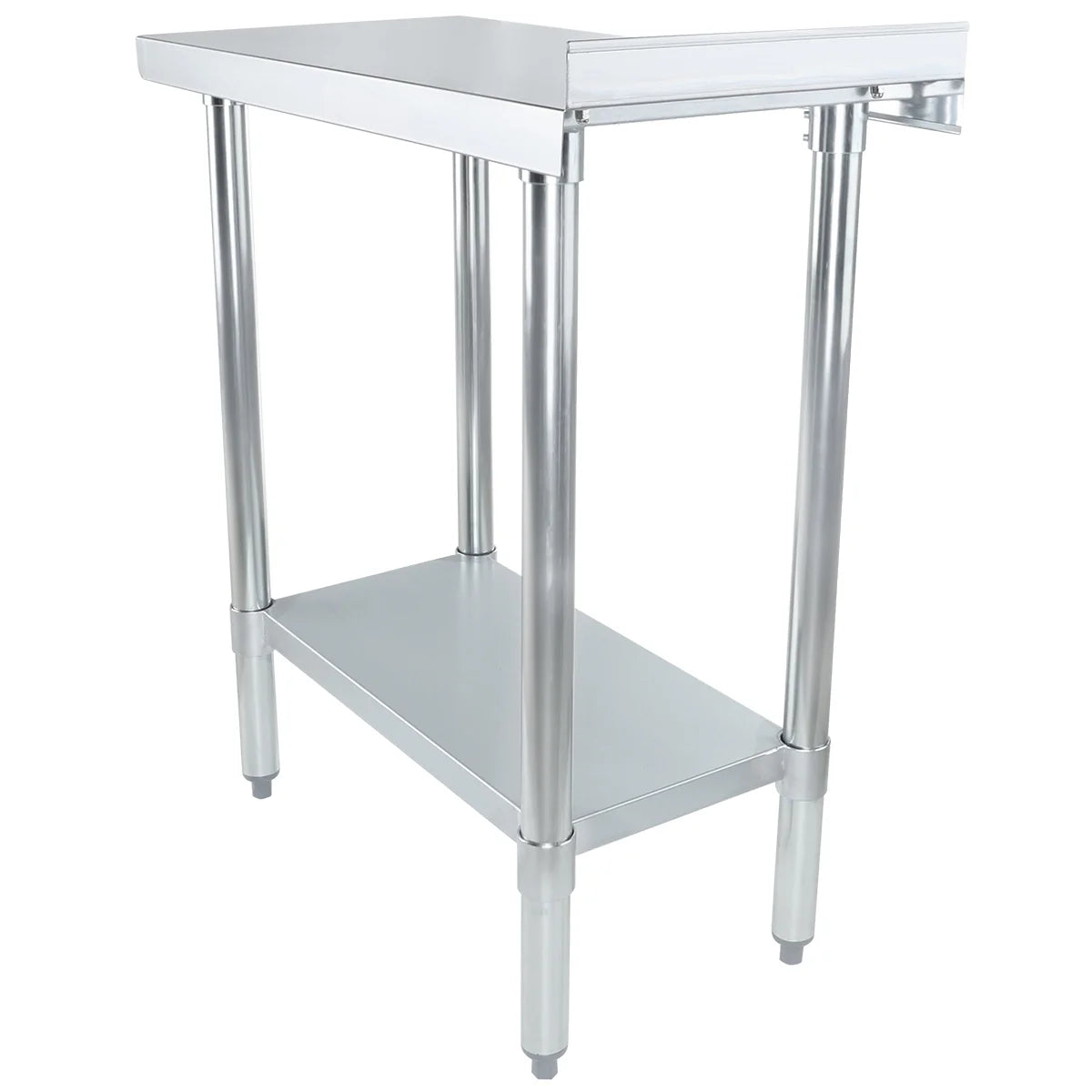 A stainless steel table with four round legs, a smooth rectangular tabletop, and a lower shelf for storage. This NSF-certified filler table features a simple, modern design and a reflective, easy-to-clean surface—ideal for kitchens or workspaces.