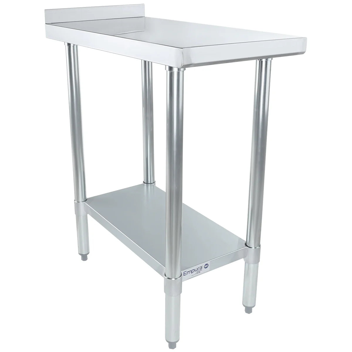 A stainless steel table with four cylindrical legs, a flat work surface, a lower shelf for storage, and a short backsplash. This NSF-certified filler table features an open design and adjustable feet, ideal for kitchens or workspaces.