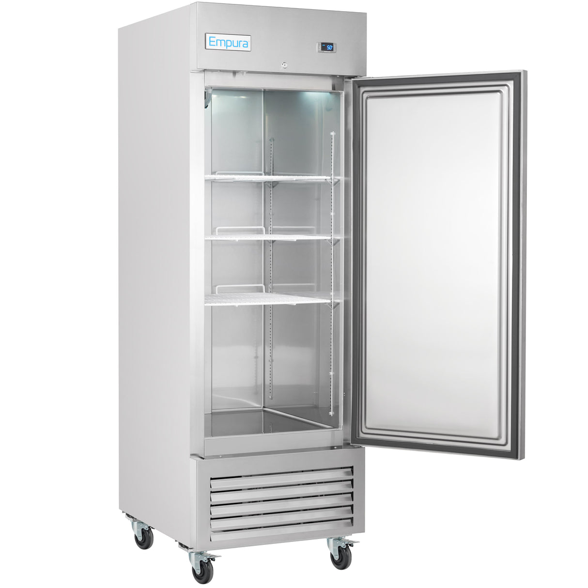 A tall, stainless steel Empura 23 cu. ft. Reach-In Refrigerator on wheels, with door open to display four empty shelves, clear glass front, ventilation grill below, and a brightly lit ENERGY STAR certified interior that’s spotless and inviting.