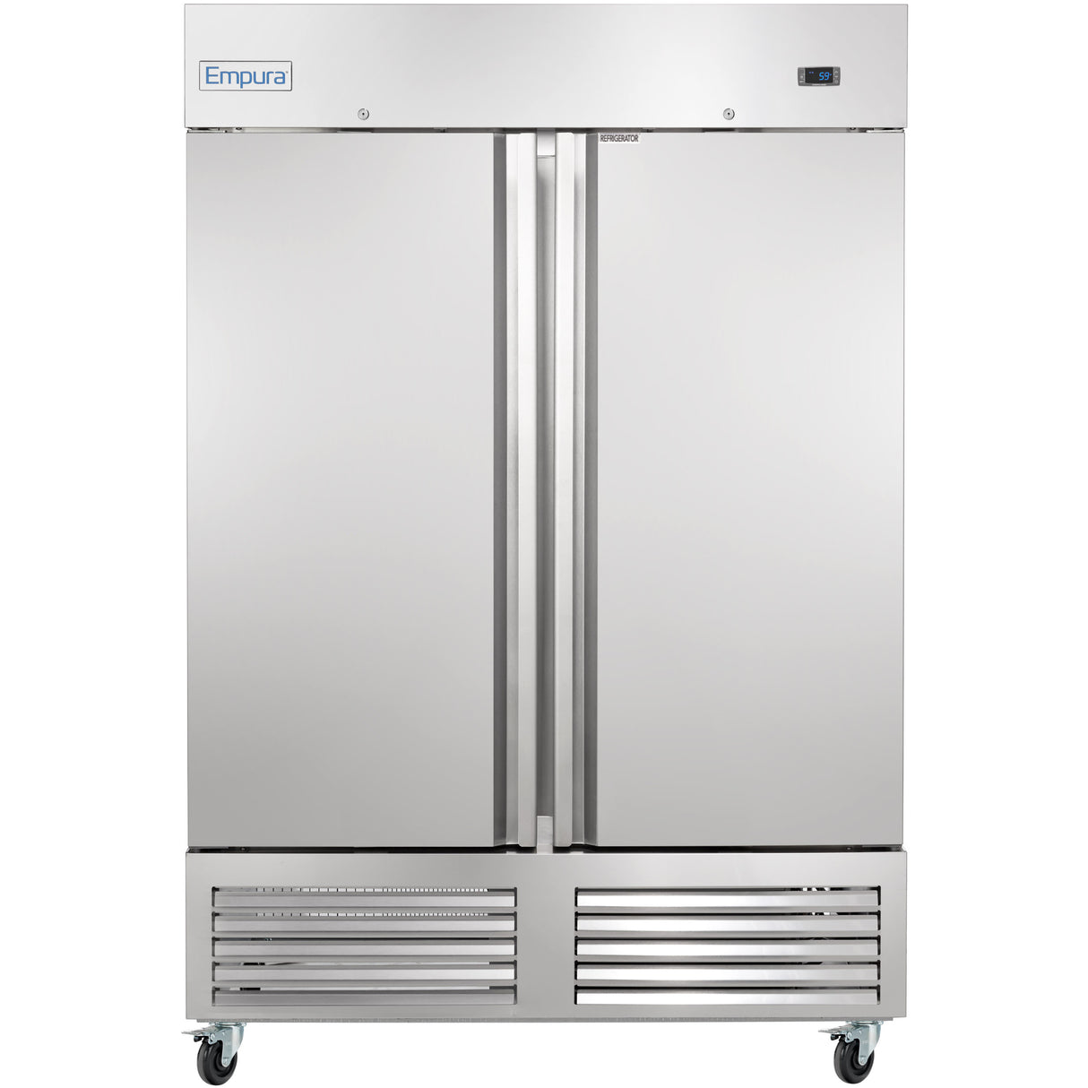 A large, stainless steel reach-in refrigerator with two vertical doors, mounted on four wheels. The unit features a digital display on the top right and ventilation grilles at the bottom. The Empura brand is labeled on the top left.