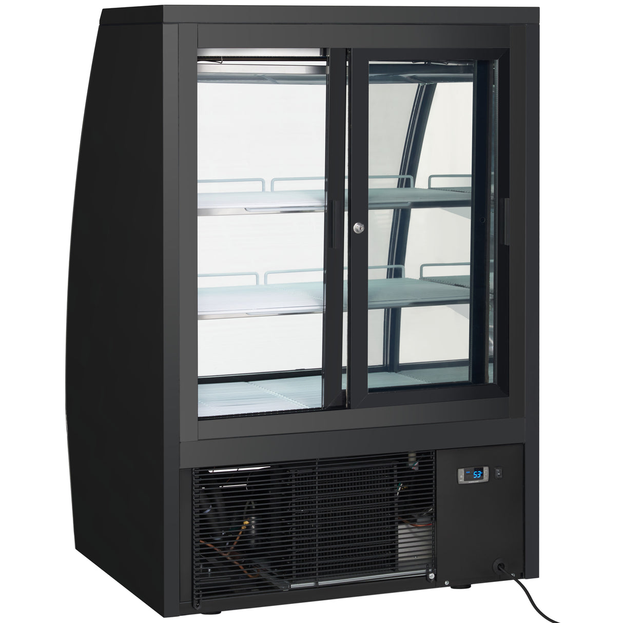 A commercial black Empura Refrigeration display case with two sliding glass doors, interior shelves, and a visible cooling unit below. The empty case features an external digital control panel on the lower right front. Ideal as a Refrigerated Deli Display Case.
