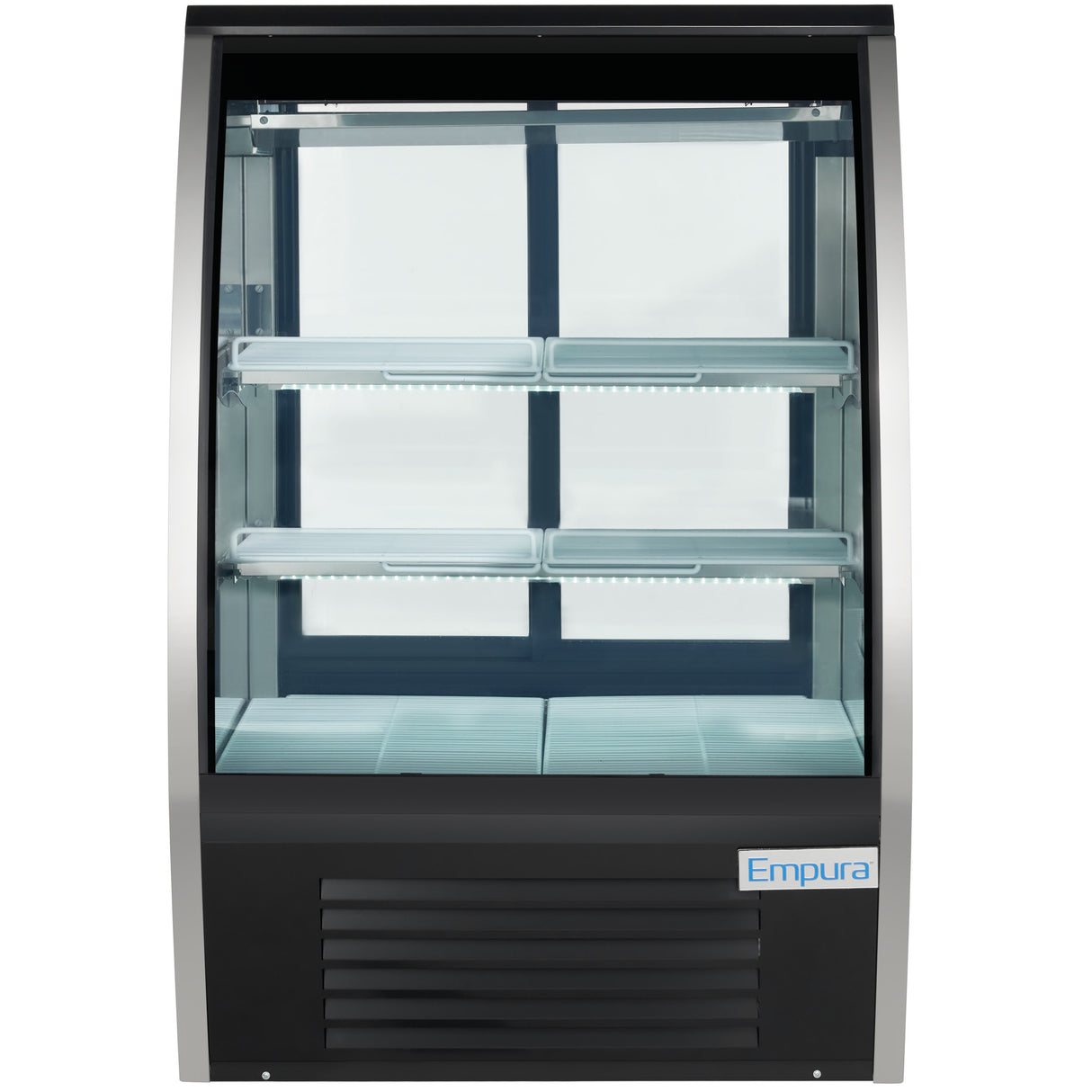 A commercial Empura Refrigeration deli display case with a curved glass front, two glass shelves, and a black and silver frame. The well-lit, empty interior is perfect for showcasing food or beverages. Brand name "Empura" appears at the bottom right.