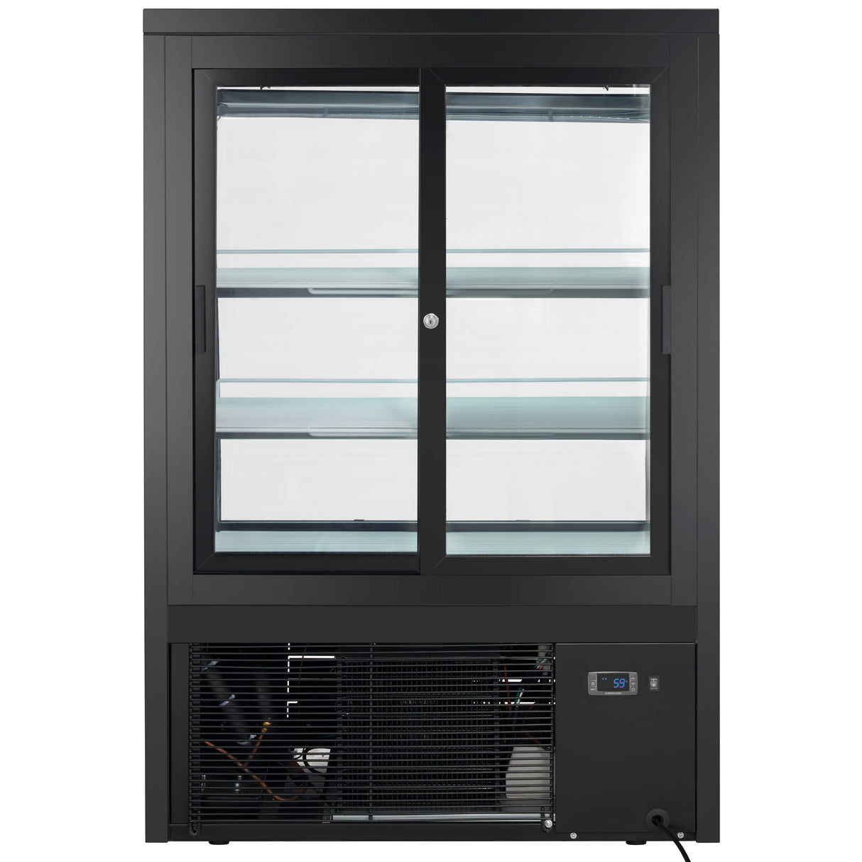 A black Empura Refrigeration display case with two glass sliding doors, three interior shelves, and a visible lower cooling unit. The digital control panel on the bottom right shows the temperature. This refrigerated deli display case is empty against a white background.
