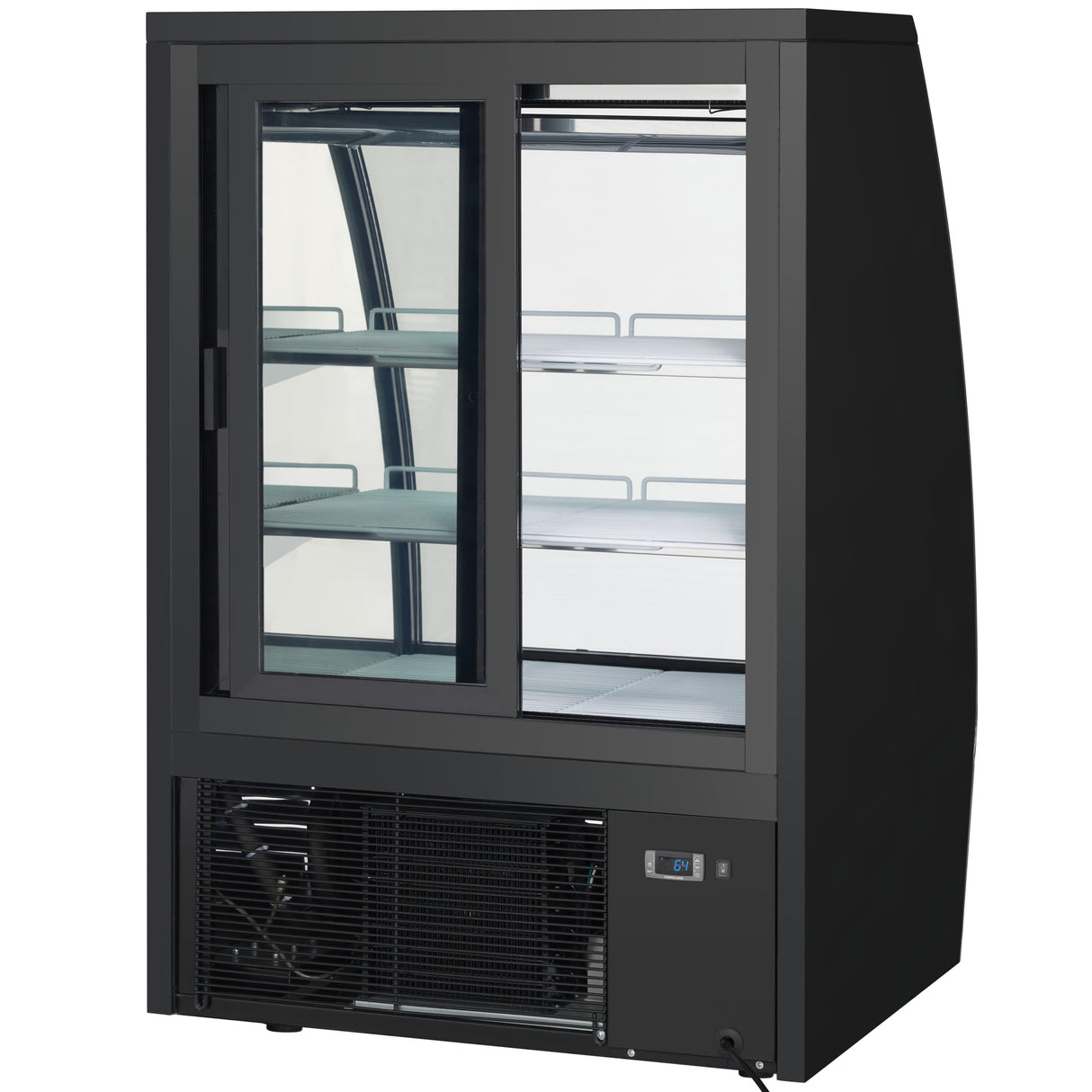A commercial Empura Refrigeration display refrigerator with a black frame, two sliding glass doors, three shelves, and a visible cooling unit at the base—perfect as a Refrigerated Deli Display Case for showcasing food or beverages. Photographed against white background.