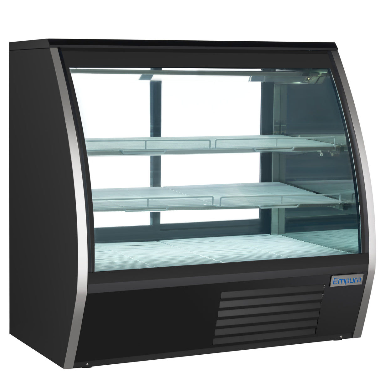 A black Empura Refrigeration deli display case with a curved glass front, two wire shelves, and a bottom cooling vent. The illuminated interior is empty, and a small blue Empura logo appears on the lower right corner.