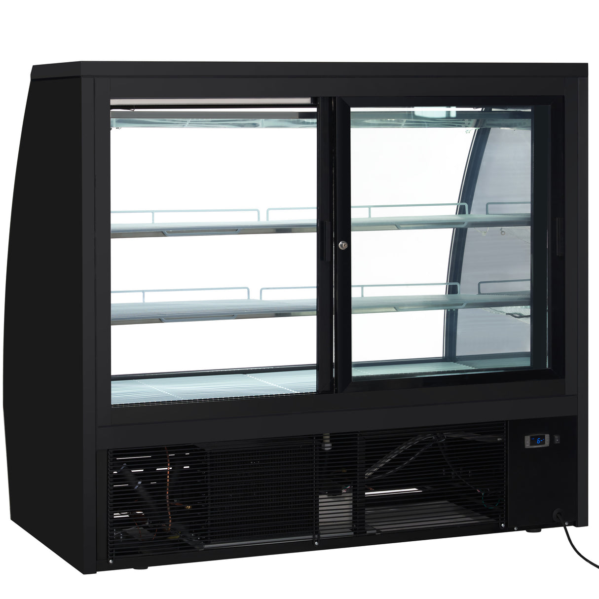 A black Empura Refrigeration display refrigerator with sliding glass doors and visible cooling vents at the bottom. The lit interior features three horizontal wire racks, ideal for food or beverages—perfect as a refrigerated deli display case.