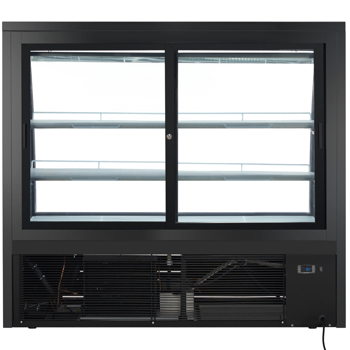 A large Empura Refrigeration deli display case with a curved glass front, three empty illuminated shelves, sliding glass doors, and a vented cooling unit at the bottom. The black case features a digital control panel on the lower right side.