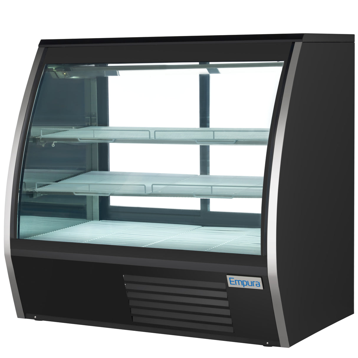 A commercial refrigerated deli display case with a curved glass front, two interior shelves, and a sleek black exterior. The Empura Refrigeration brand name is visible on the lower right corner. The case appears empty and is well-lit inside.