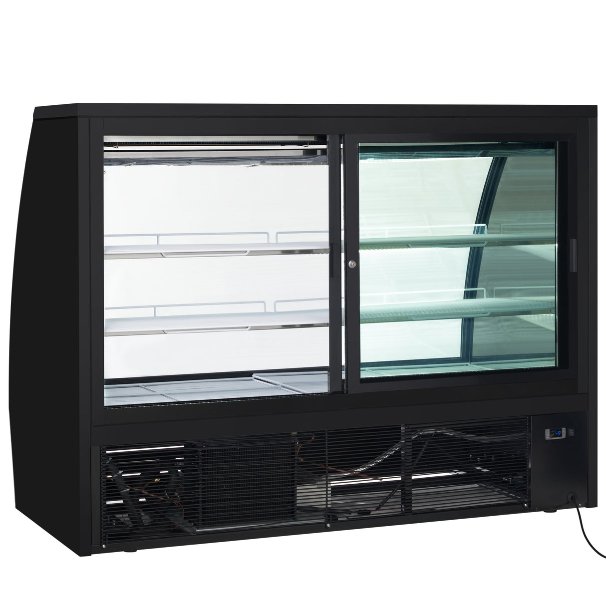 A black Empura Refrigeration commercial refrigerated deli display case with sliding glass doors. The interior has multiple glass shelves, and the lower section houses the cooling unit and ventilation grilles. The case is empty, clean, and ready for use.
